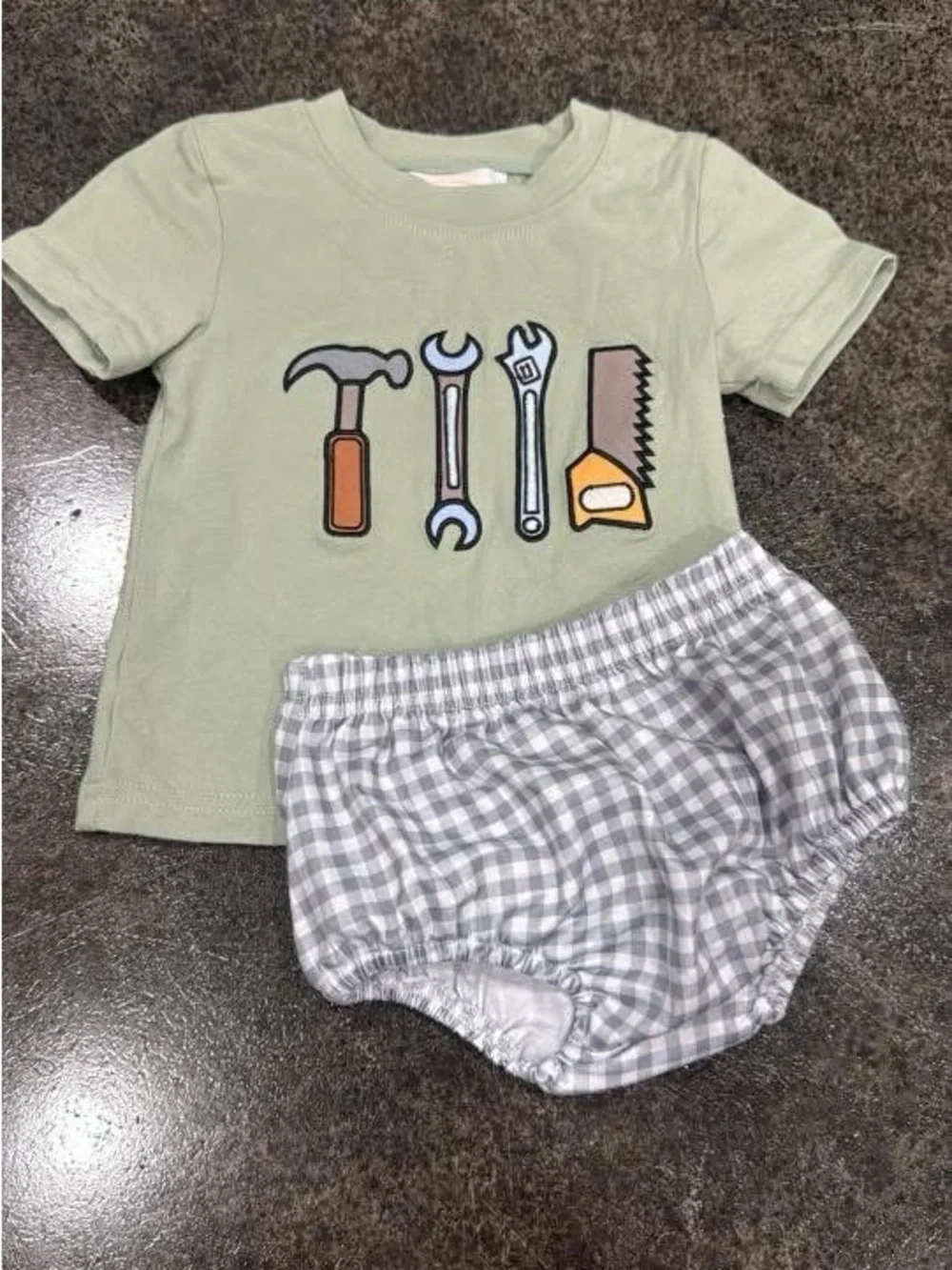 Green Toddler Tool Graphic Tee with Gray Gingham Bloomers
